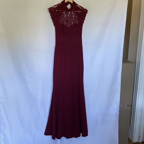 Lulus burgundy maxi formal dress lace halter top neckline open back detail